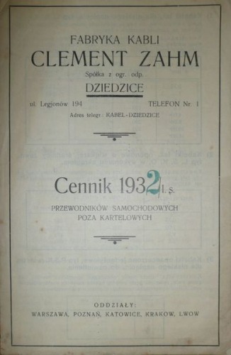 /List of prices/ Fabryka kabli Clement Zahm 1932